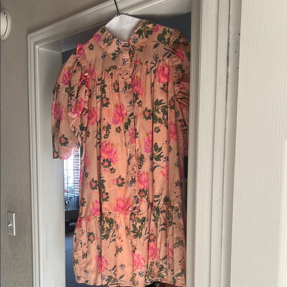 Entro Pink and Green Smocked Ruffled Sundress